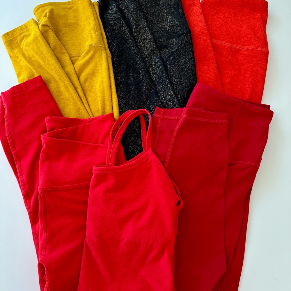 Beyond Yoga & Athleta Leggings + Top. Red, Yellow, Orange, Black and Grey.